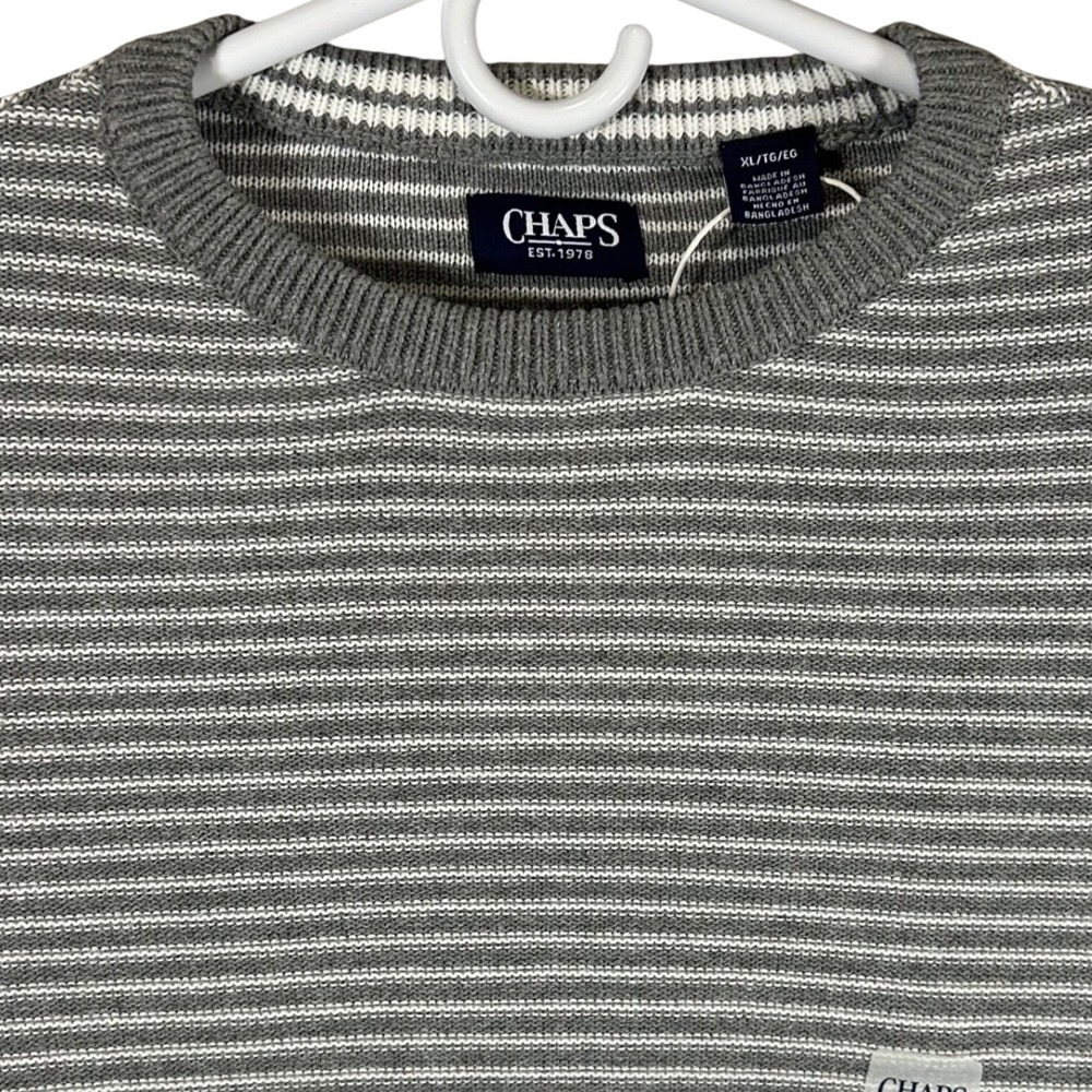 Chaps Mens Size XL Striped Crewneck Sweater Light Gray Heather Cotton New Preppy